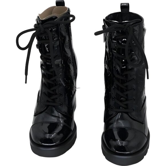 GUESS Neadyn Lace-Up Heeled Bootie Black Patent Logo Women's US 6M - Picture 5 of 6